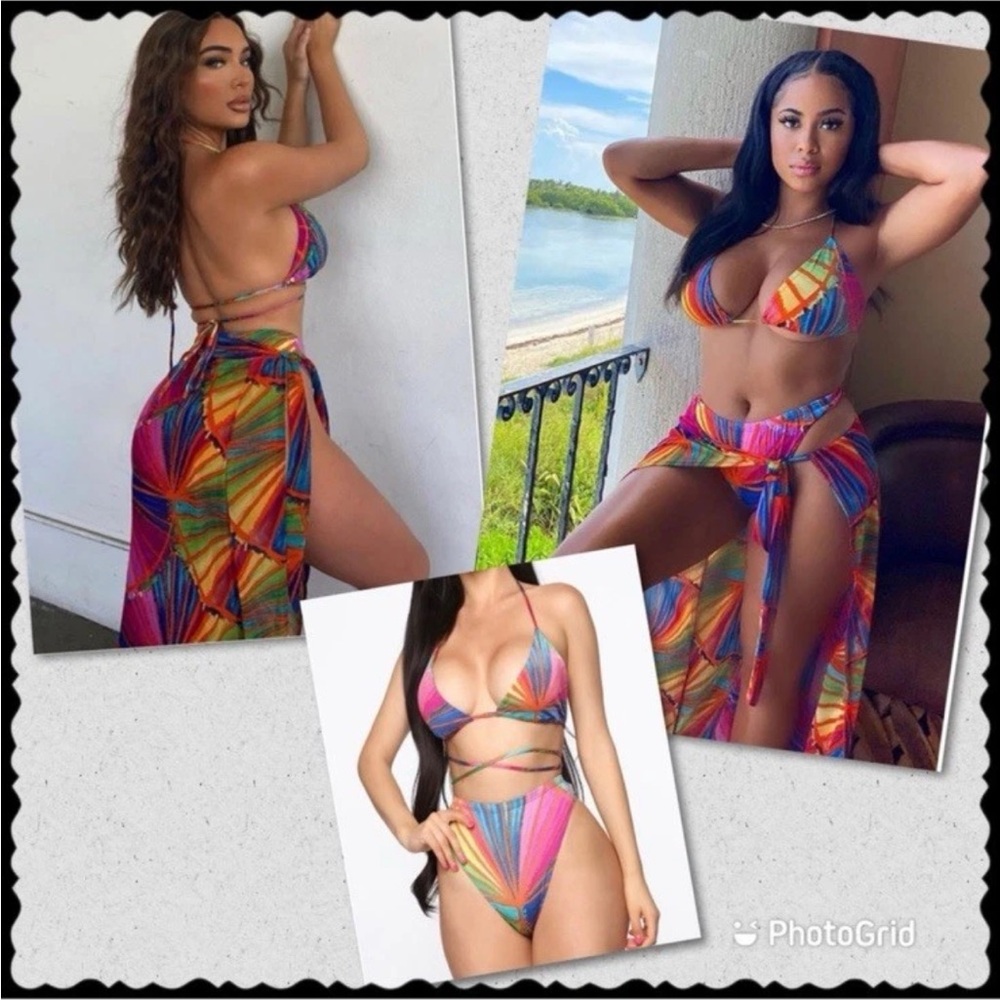 Colorful Strappy Bikini Set with Cover-Up